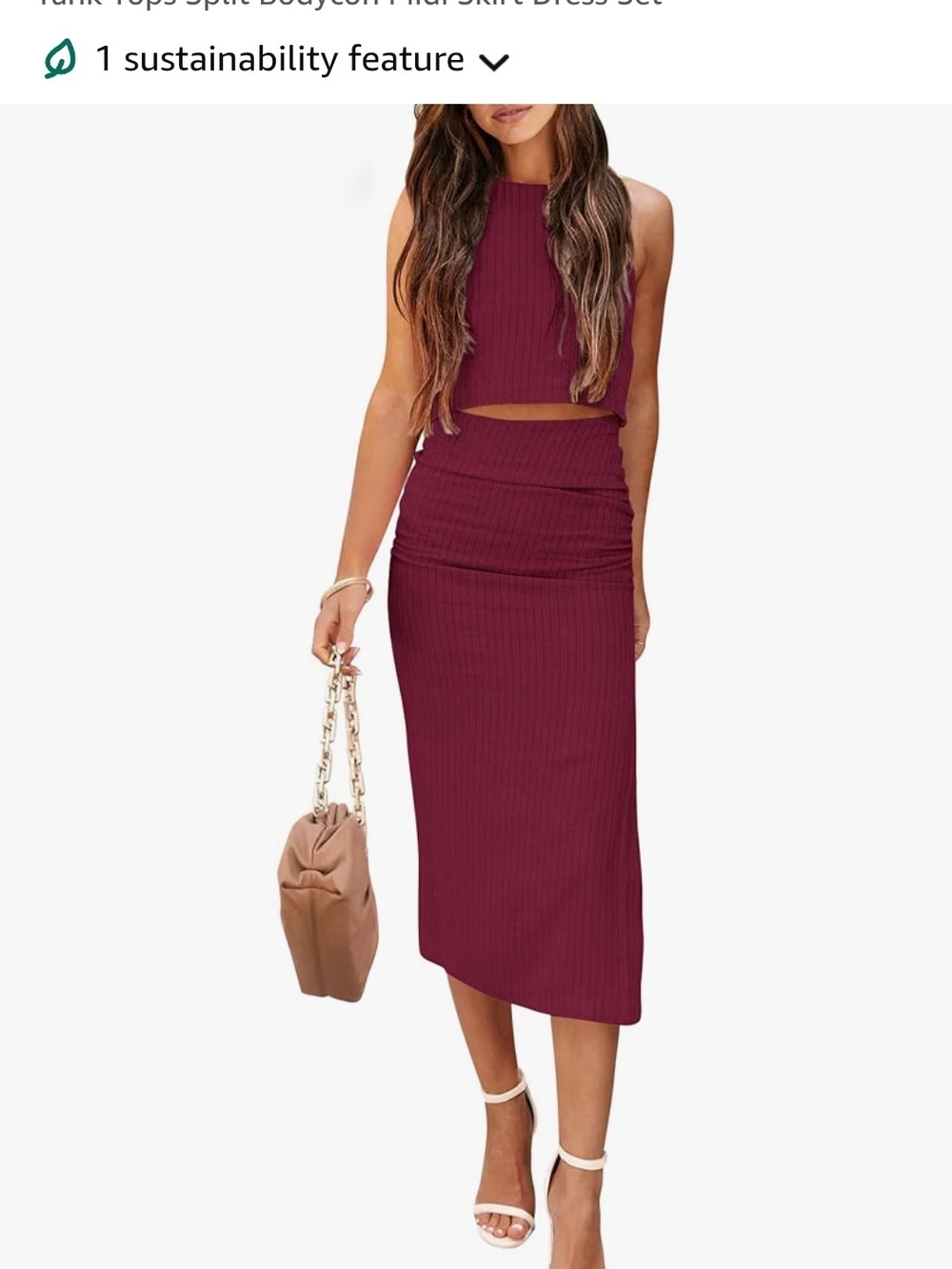 Ribbed Midi Skirt Set in Wine - Women